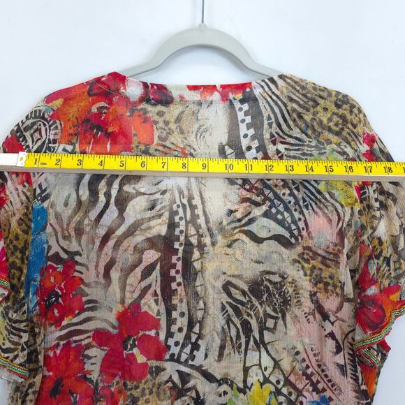 Chicos Tunic Top Mix Print Silk Beaded Women 14 Colorful Sheer Artsy Boho Whimsy - Picture 5 of 12